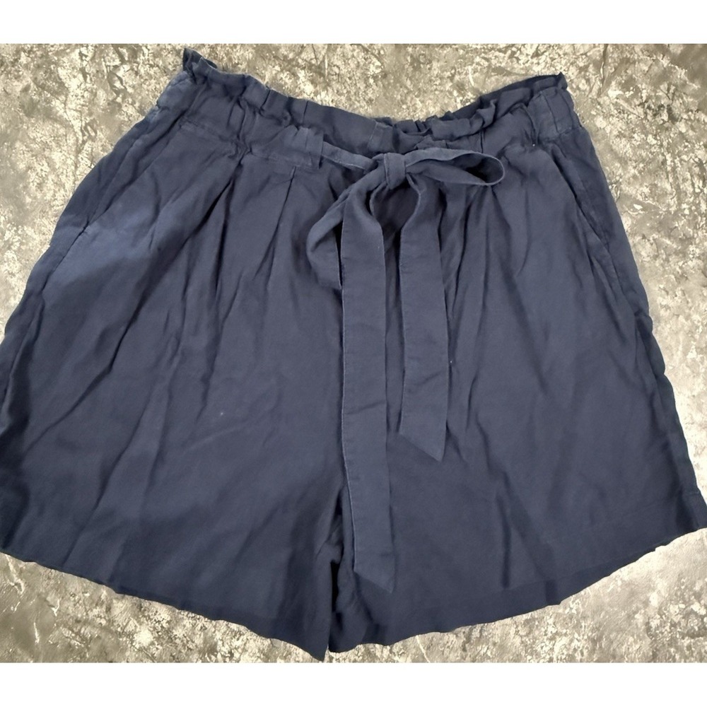 Caslon Womens Linen Blend Paper Bag High Waist Pleated Shorts Pockets Navy Sz L